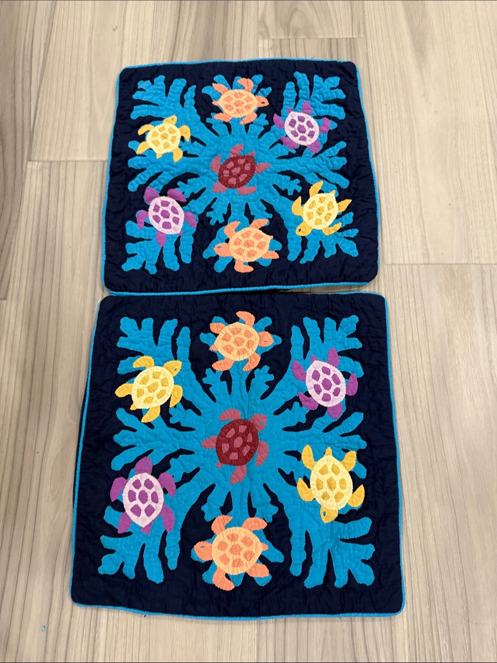 Handmade Hawaiian Turtle Quilt pillow covers Vibrant Navy & Teal